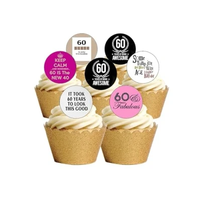 Image of 24 Precut Age 60 Sixty Sixtieth 60th Birthday Edible Wafer Paper Cake Toppers Decorations