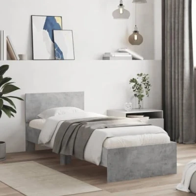 Image of vidaXL Bed Frame with LED Single 90x200 cm, Engineered Wood, Concrete Grey, Modern Bedroom Furniture Headboard Support