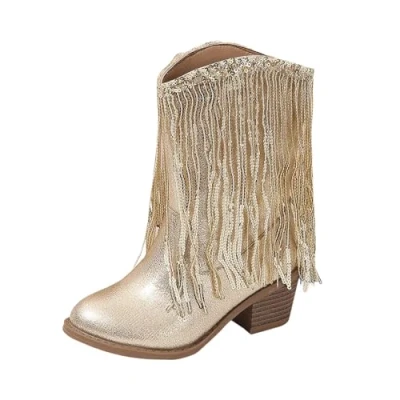 Image of Girls New Solid Color Leather Fashion Children Western Cowboy Boots Autumn and Winter Casual Kids Tassel Snow for Size 4 (Gold, 2.5 Big Kids)