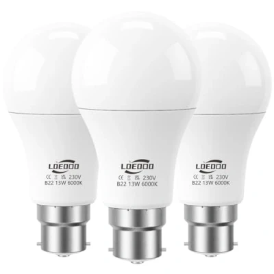Image of LOEODO B22 Bayonet LED Bulbs 100W Equivalent, 13W Light Bulb, 1200 Lumens, 6000K Cool White, A60 Energy Saving Lightbulbsb, Non Dimmable, Pack of 3