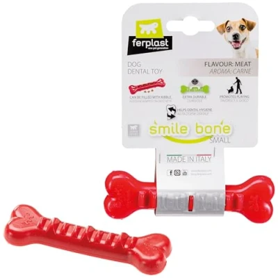 Image of Ferplast Dog Toy, Treat Dispenser Bone, Chew Made of Durable Material, Meat Flavoured, for Dental Hygiene, SMILE Small Toys, Red