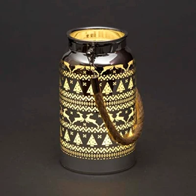 Image of SHATCHI 16cm Christmas Decorated Jar Table Lamp Etched Glass Tube Skandi Design Silver Lantern LED Fairy Lights Battery Operated