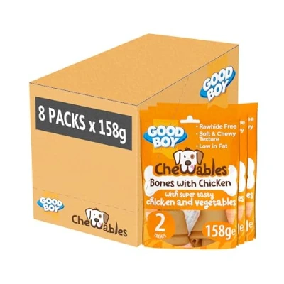 Image of Good Boy Chewables Chicken Medium Bones Natural Dog Treats Low Fat &amp; Rawhide Free Bulk Box 8 x 158g