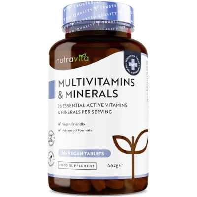 Image of Multivitamins &amp; Minerals 365 Vegan Multivitamin Tablets 1 Year Supply for Men and Women with 26 Essential Active Vitamins Made in The UK by Nutravita