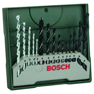 Image of Bosch 2607019675 15 Piece Mini x Line Twist Drill Bit Set (Wood, Masonry and Metal, Accessories for Drills) , Silver/Black 157mm 150mm 20mm