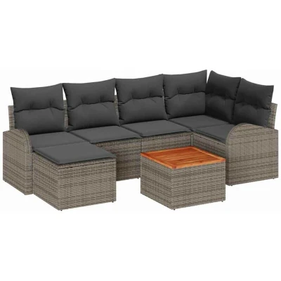 Image of vidaXL 7 Piece Garden Sofa Set with Cushions Grey Poly Rattan Acacia