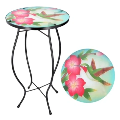 Image of Iron/Glass Round Mosaic Design Side Table Garden Outdoor Patio Flower Plant Stand (Colibri)