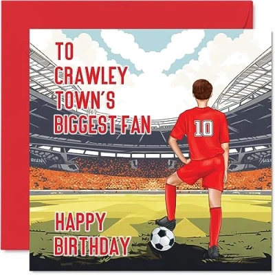 Image of Football Birthday Card for Crawley Fans Biggest Fan Fun Happy Son Dad Brother Uncle Colleague Friend Cousin, 145mm x Footy Footie Bday Greeting Cards