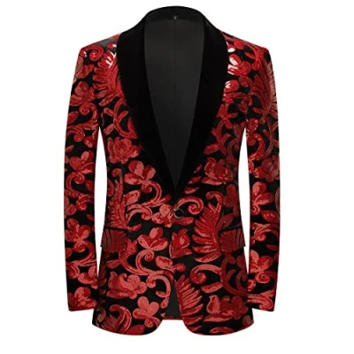 Image of PYJTRL Men Fashion Velvet Sequins Floral Pattern Suit Jacket Blazer (Red, 3XL)