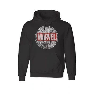 Image of Marvel Icons Disk Logo Print Hooded Sweatshirt Black Hoody, Size: L Officially Licensed Vintage Style, Printed in UK, Ethically Sourced