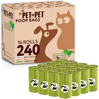 Image of PET N Compostable Dog Poop Bags 9&quot; x 13&quot; 240 Counts, 16 Rolls EN13432 Certified Poo Made with Cornstarch Unscented
