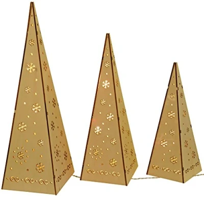 Image of WeRChristmas Wooden Pyramid Christmas Trees with Warm White LED Lights Decoration Multi Colour, Set of 3