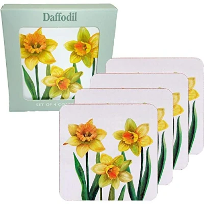 Image of Set of 4 Daffodil Coasters Flower Design Cork Kitchen Dinner Table