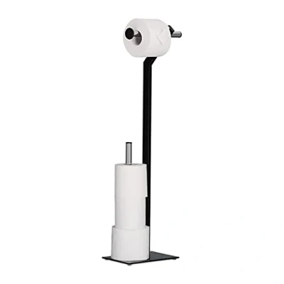 Image of Relaxdays WC Set Toilet Paper Holder Free Standing, Roll Butler Spares Organiser H x W D: 72 23 13, 5 cm, Black/Chrome
