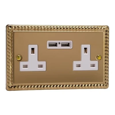 Image of Varilight 2 Gang, 13 Amp Unswitched Socket with Optimised USB Charging Ports, White Insert. Classic Georgian Polished Brass Effect