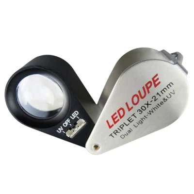 Image of Gain Express 30x Jeweler Loupe 21mm Lens Diameter Magnifier with LED and UV Lightning, Round Body Magnifyng Kit
