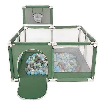 Image of Selonis Square Play Pen Filed with 400 Balls Basketball, Green:Pearl/Grey/Transparent/Babyblue/Mint