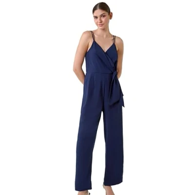 Image of Roman Womens Tie Waist Pocket Detail Wrap Jumpsuit Blue Size 18 UK