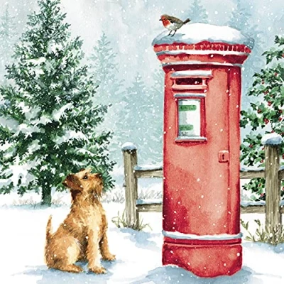 Image of The Great British Card Medici Cards Pack of 6 Charity Christmas &#039;All Posted in Time&#039; Lovely Design with Dog, Postbox and Robin 1 Artistic Design, Multicolor, 146 x 14mm