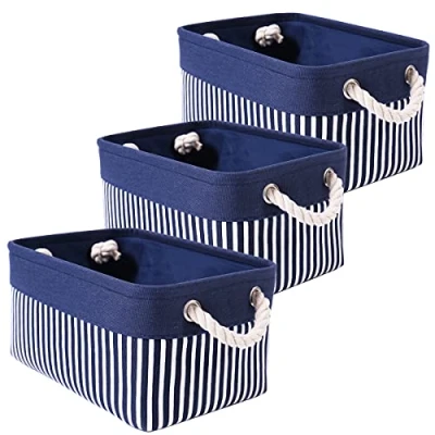 Image of Mangata Foldable Storage Box, [3 Pack] Small Thickened Fabric Basket with Handles for Shelves Toy(Washable, Blue Stripe)