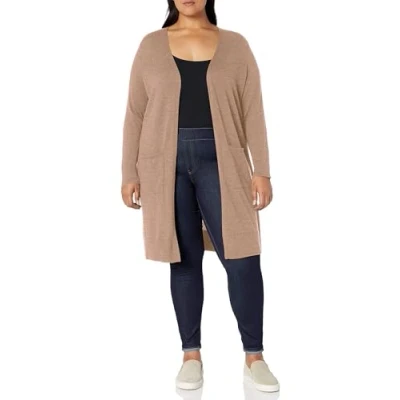 Image of Amazon Essentials Women&#039;s Lightweight Longer Length Cardigan Jumper (Available in Plus Size), Camel, XXL