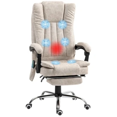 Image of Vinsetto Reclining Office Chair with Massage and Heat, Microfibre Computer Desk Footrest for Home Adjustable Height, Padded Arm, Swivel Wheels, Cream White