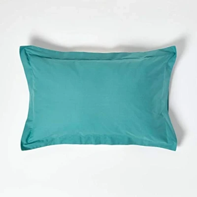 Image of HOMESCAPES Teal Pure Egyptian Cotton Oxford Pillowcase Standard Size 200 TC 400 Thread Count Percale Equivalent Pillow Case