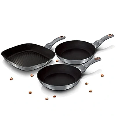 Image of 3 Pcs Frying Grill Pan Aluminum Non Stick Marble Coating Metallic Home Kitchen Set Suitable for Induction Various Colures (Moonlight (Silver))