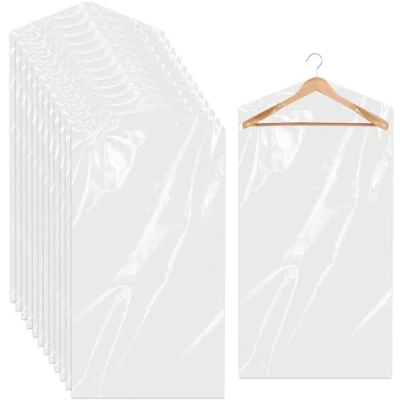 Image of DEWIN Disposable Plastic Clothes Covers, 50Pack Through Hanging Dust Proof Garment Bag, Dry Cleaning Covers for Suit, Evening Dress, Coat, Shirt.(60 x 100 cm)