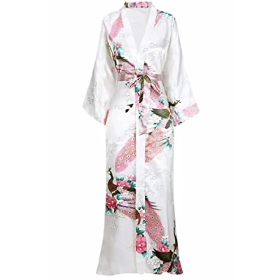 Image of BABEYOND Kimono Dressing Gown Peacock Robe For Women Wedding Girl&#039;s Bonding Party Pyjamas 135cm Long (White)