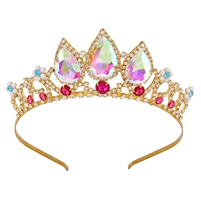Image of Tiaras for Girls, Vofler Rapunzel Princess Tiara Gold Crown AB Crystal Ruby Rhinestone Pearl Headband Little Flower Girl Kids Birthday Wedding Pageant Prom Homecoming Halloween Costume Party