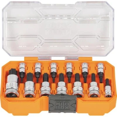 Image of Klein Tools 65213TX Knurled TORX Bit Socket Set, T8 toT60, 1/4, 3/8 and 1/2 Inch Drives, Premium Cr V Steel, MODBox Case, 13 Piece