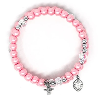 Image of Catholic Gift Shop Ltd Pink Memory Wire Rosary Bracelet, Miraculous Medal Pendant and Cross &amp; Lourdes Prayer Card