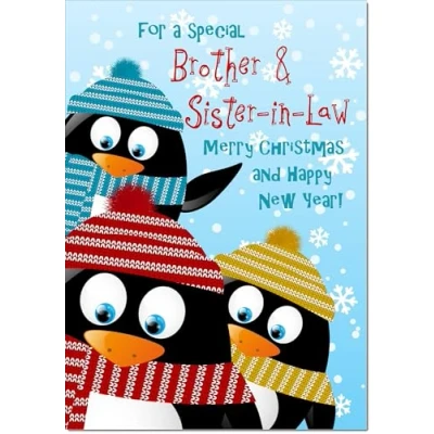Image of doodlecards Brother and Sister in Law Christmas Card Three Penquins Medium Size for &amp; with Plain Envelope