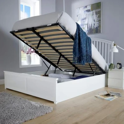 Image of Home Source Ottoman 5ft King Pine Wood End Lift Storage Bed, Gas Lift, Slatted Headboard, White