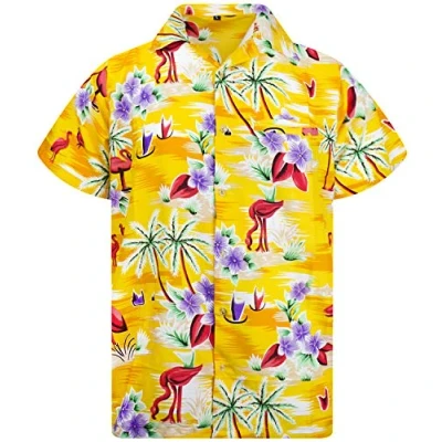 Image of King Kameha Mens Funky Flamingos Short Sleeve Hawaiian Shirt Novelty Summer Vibes, Flamingos, Yellow, 5XL
