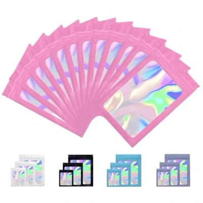 Image of Rimiko 150pcs Pink Ziplock Mylar Bags with Clear Window, Aluminum Foil Sample Bags, Resealable Holographic Self Sealing Pouches for Packaging and Food Storage (Holographic Pink, 6.3&quot;x9.4&quot;)