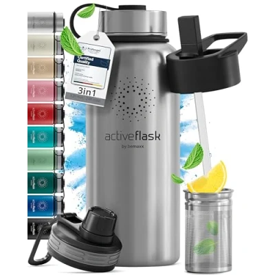 Image of Stainless Steel Water Bottle with Straw, Infuser &amp; 3 Lids: 1 0,5L Leak Proof Vacuum Insulated ACTIVE FLASK Drinking Bottles Hot Cold: Double Walled Outdoor Drink Thermo Mug Tea Coffee Sport Gym Bike