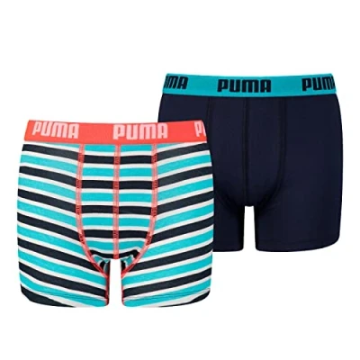 Image of Puma BOYS Basic Boxer Printed Stripe 2 PACK Pants for kids, Size: 7 8y, Fluo red/blue