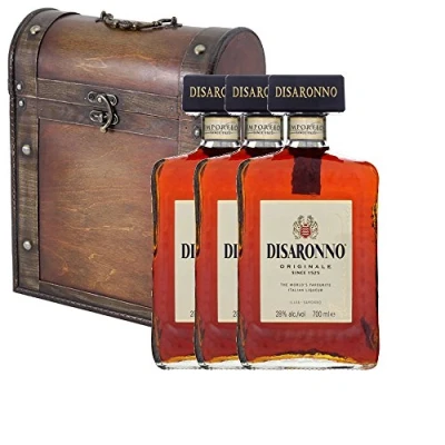 Image of 3 x Disaronno Amaretto Liqueur 70cl Bottles in Antique Style Gift Box with Hand Crafted Gifts2Drink Tag
