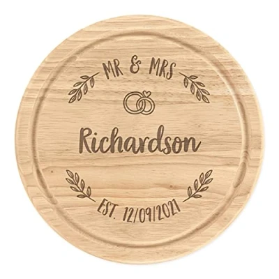 Image of Personalised Wooden Chopping Cheese Board Round 25cm Custom Name Mr &amp; Mrs Wreath Wedding