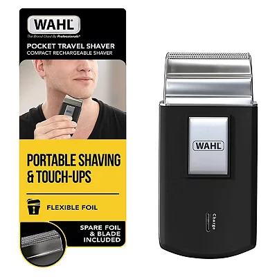 Image of Wahl Pocket Travel Shaver, Compact Rechargeable Beard Electric Shavers for Men, Flex Foils, Close Cut, Small Travelling, Black