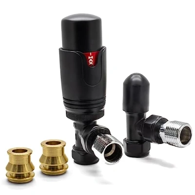 Image of Thermostatic TRV Angled Black Radiator Valves 1/2&quot; x 15mm with Brass Reducer Compression Valve to 10mm