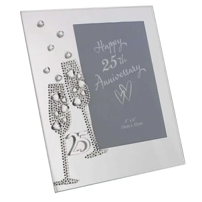 Image of Diamante Champagne Glasses Silver 25th Wedding Anniversary Glass Photo Frame 7.5&quot; x 6.5&quot; WG45425