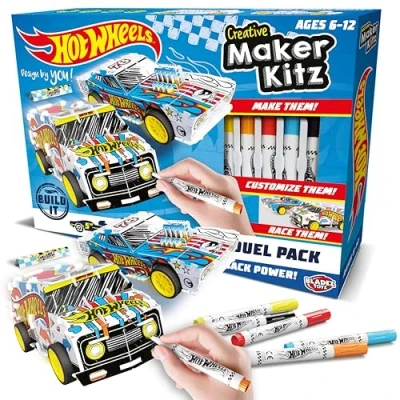 Image of Bladez Hot Wheels Custom Racers, DIY Twin Pack, Make Your Own/Build Own, Pull Back Vehicles for kids, Customisable with pens and stickers, Creative Maker Kitz by Toyz