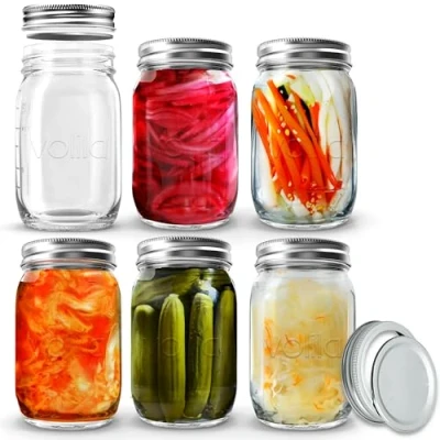 Image of volila Mason Jars with Lids 6 Pack 490ml Leakproof Glass for Airtight Seal Round Jar Silver 2 Part Lid Salad, Food Storage, Overnight Oats, Pickling, and Canning