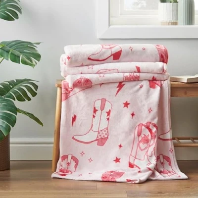 Image of Sassy B Cowgirl Boots Cosy Fleece 200x240cm Oversized Blanket Throw Pink