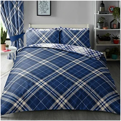 Image of Super Dreamer Soft Tartan Duvet Cover With Fitted Sheet Set, Reversible 4 Pc Bedding Sets King Size, Complete Bed Blue, 714866