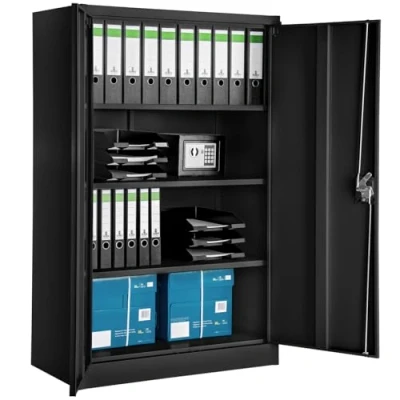 Image of TecTake® Metal Storage Unit, Lockable with 3 adjustable Shelves and 2 Doors, Filing Cabinet for Home Office Storage, Garage Cabinet, Kitchen 140x90x40 cm black
