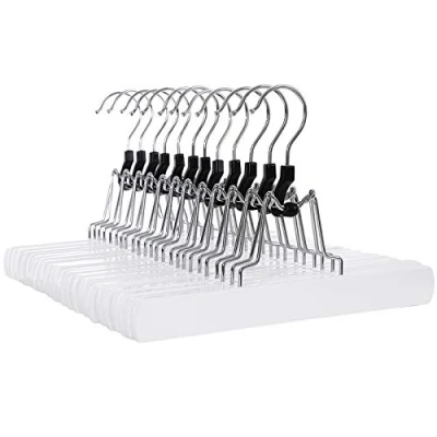 Image of SONGMICS CRW07W 12 Pack of Wooden Trouser Hangers Non Slip Chrome Plated Hooks 360 Degree Rotating, White, Item